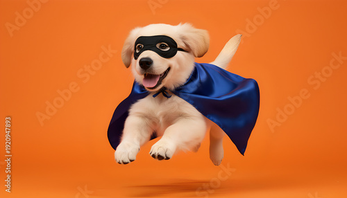 Golden retriever puppy superhero in blue cape jumping on orange