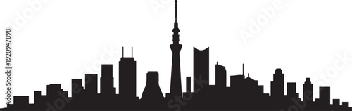 Tokyo Skyline Silhouette with Japan Cityscape. black icon drawing vector