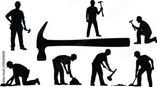 Construction workers with hammer tools silhouettes set, industrial laborer building and repair concept vector illustration isolated on white background