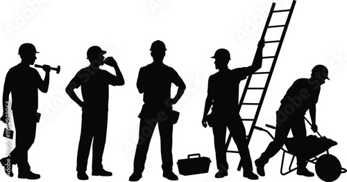 Construction workers with hammer, ladder and wheelbarrow silhouettes collection, industrial building maintenance and repair concept vector illustration isolated on white background