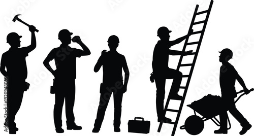 Construction workers with hammer, ladder and wheelbarrow silhouettes set, industrial building maintenance and repair concept vector illustration isolated on white background