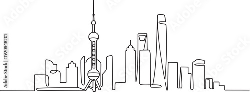 Shanghai Skyline with China City Silhouette. one line art icon drawing vector