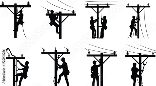 Electrician worker silhouettes repairing power lines on utility poles, electrical maintenance and lineman vector illustration set isolated on white background