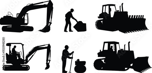 Excavator and bulldozer silhouette set with construction workers, heavy machinery equipment and manual labor scene, industrial engineering vector illustration isolated on white background