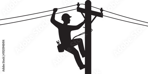 Silhouette of an electrician climbing a utility pole, working on overhead power lines. black icon drawing vector
