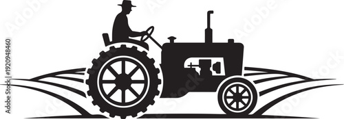 Silhouette of a farmer driving an old fashioned tractor through a field. black icon drawing vector