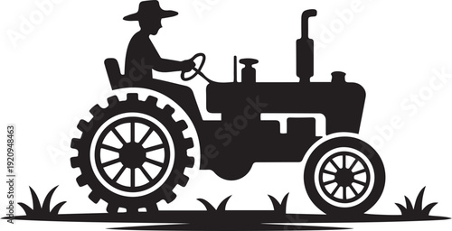 Silhouette of a farmer driving an old fashioned tractor through a field. black icon drawing vector