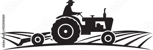 Silhouette of a farmer driving an old fashioned tractor through a field. black icon drawing vector