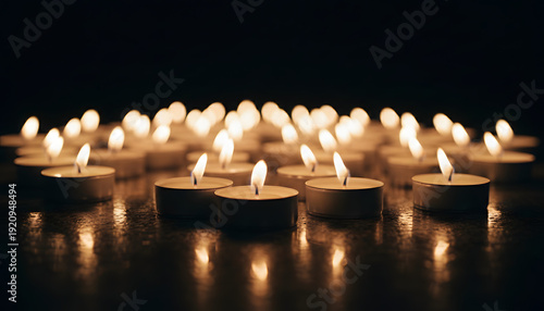Burning Memorial Tealight Candles in Dark Background – Remembrance and Hope Concept
