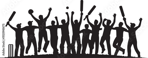 Silhouettes of a cricket team celebrating victory on a field. black icon drawing vector