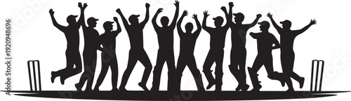 Silhouettes of a cricket team celebrating victory on a field. black icon drawing vector