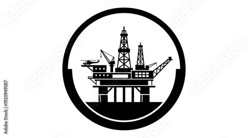 Black White Circular Design Offshore Oil Platform d flat vector isolated white background