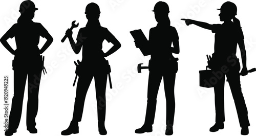 Female construction worker silhouette set with tools and helmet, professional woman builder and engineer vector illustration isolated on white background