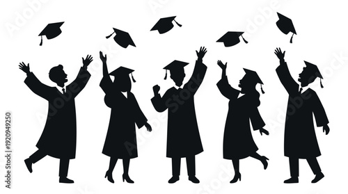 Silhouette Graduating Students Tossing Caps d flat vector isolated white background