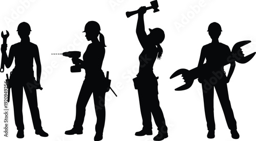 Female construction worker silhouette set with tools, professional woman builder vector illustration isolated on white background, industrial labor occupation collection
