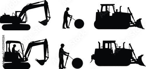 Excavator and bulldozer worker silhouettes set, heavy construction machinery operators with circular saw cutter tool, industrial vector illustration isolated on white background