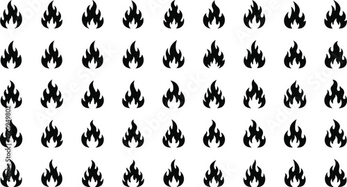 Large collection of black fire and flame silhouettes for heat, danger, energy, and campfire icons