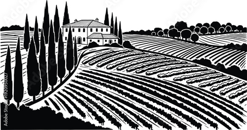 Black and white woodcut style illustration of a rural vineyard estate featuring a traditional villa, rolling hills, rows of grapevines, and tall cypress trees