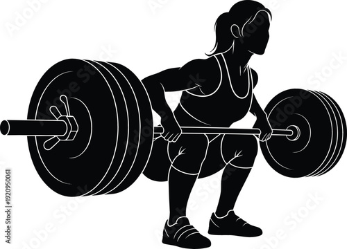 Black silhouette illustration of a female athlete performing a heavy barbell back squat for fitness, bodybuilding, and powerlifting concepts