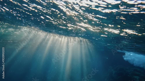 Sunlight pierces the water surface, creating ethereal rays and sparkling particles