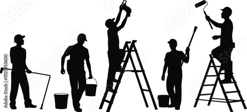 House painter silhouette set with ladder paint roller and bucket, professional renovation and maintenance vector illustration isolated on white background