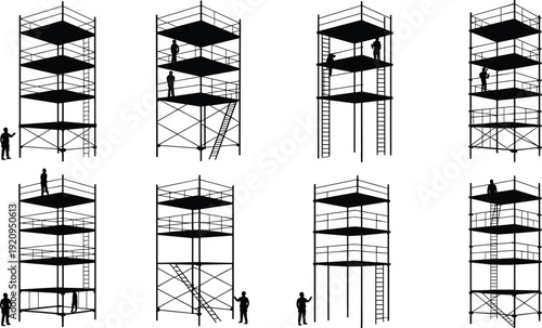 High rise scaffolding tower silhouettes with ladders and working platforms, industrial construction framework vector illustration isolated on white background