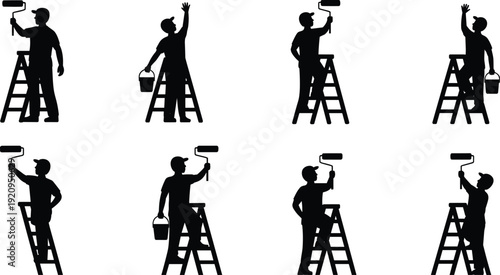 House painter silhouettes on ladder with paint roller and bucket, professional wall painting service vector illustration isolated on white background
