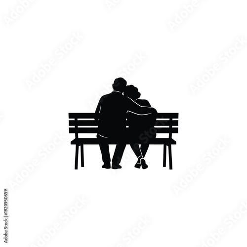Silhouette of an elderly couple sitting on a park bench, romantic and peaceful. 