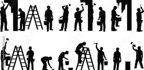 House painter worker silhouette set with ladder and paint bucket, home renovation maintenance service vector illustration isolated on white background