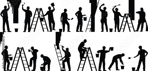 House painter worker silhouette set with ladder and paint roller, home renovation service vector illustration isolated on white background, maintenance concept