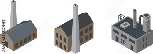 Isometric factory buildings with smokestacks industrial plant architecture and manufacturing facilities flat vector illustration isolated set