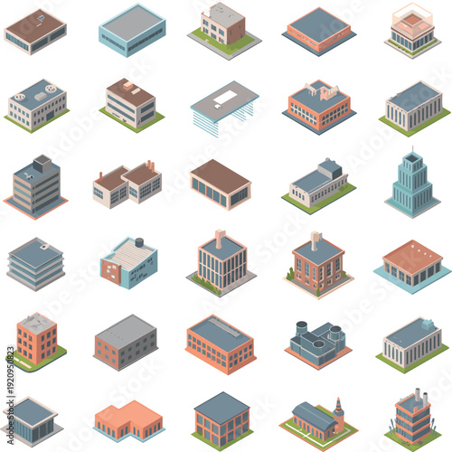 Isometric city buildings collection set with residential commercial industrial architecture icons flat vector illustration design