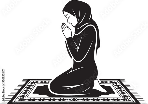 Woman in hijab kneeling in prayer on a patterned rug black and white,  black icon drawing vector