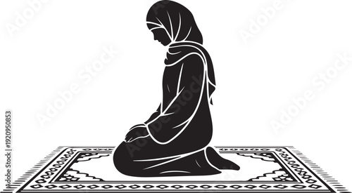 Woman in hijab kneeling in prayer on a patterned rug black and white,  black icon drawing vector