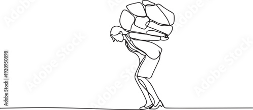 continuous line drawing of business woman carry stone rock obstacle burden load expenses. one line art icon drawing vector
