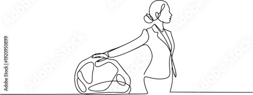 continuous line drawing of business woman carry stone rock obstacle burden load expenses. one line art icon drawing vector
