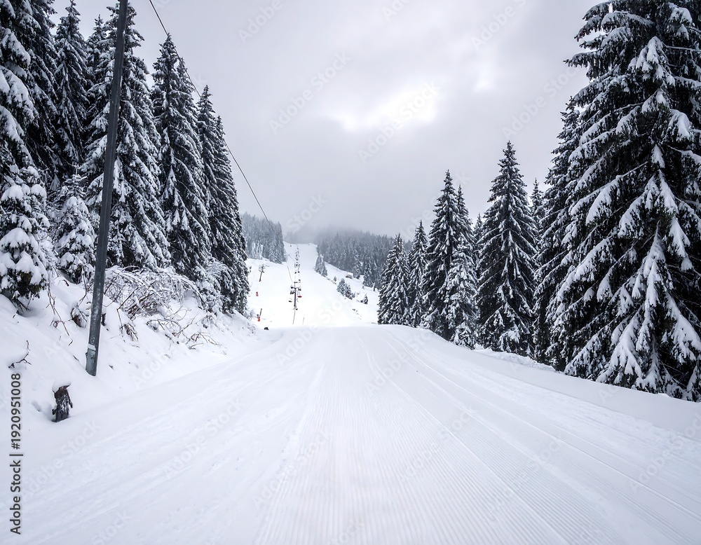 Fototapeta premium Snowy ski slope with trees on both sides (1)