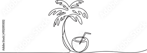 Continuous line art or One Line Drawing of natural coconut beverage and coconut tree. one line art icon drawing vector