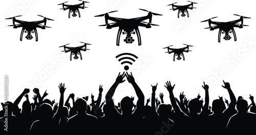 Drone fleet aerial photography above cheering crowd with wireless signal and event surveillance concept