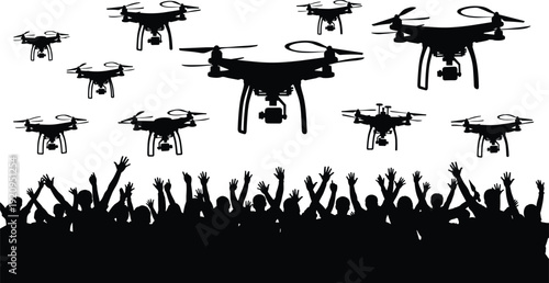 Drone fleet flying over cheering crowd silhouette representing surveillance technology aerial photography public event concept