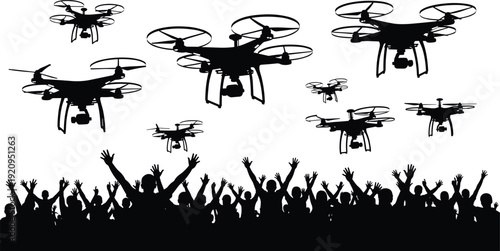 Drone fleet flying over cheering crowd silhouettes representing aerial technology surveillance and entertainment concept illustration