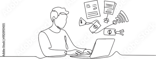 One continuous line drawing of Freelancer filling invoice, distance job payroll, money transfer online, remote and work payment concept. one line art icon drawing vector