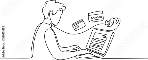 One continuous line drawing of Freelancer filling invoice, distance job payroll, money transfer online, remote and work payment concept. one line art icon drawing vector