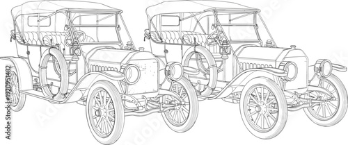 Detailed line art illustration of two vintage antique touring cars featuring open-top designs, spoke wheels, and classic early 20th-century automotive styling