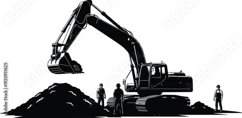 Excavator Machine with Construction Workers Digging Soil on Site Black Silhouette Vector Illustration