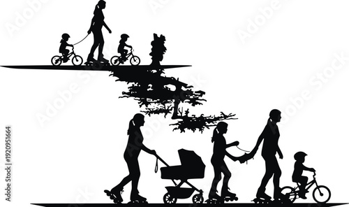 Family walking and children cycling with stroller silhouettes isolated on white background for active parenting concept