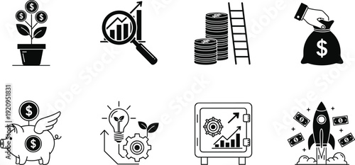 Financial growth and investment icon set with money savings profit analysis and business success