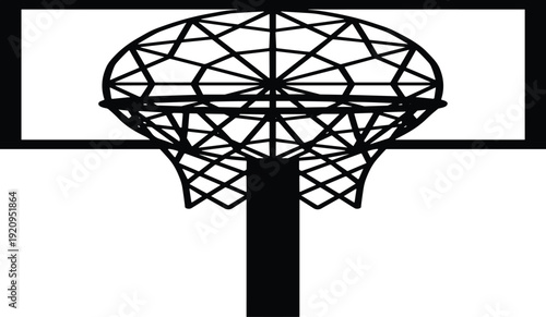 Black silhouette of a basketball hoop and net with geometric wireframe backboard details isolated on white for cad drawing flat vector illustration