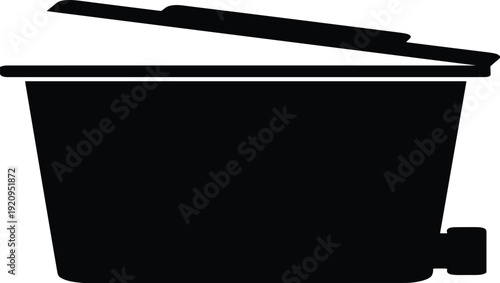 Black silhouette of plastic trash bin with open lid, waste container for garbage disposal, cad drawing flat vector illustration isolated on white background