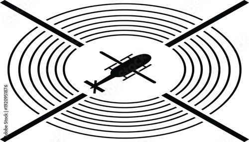 Black silhouette of a helicopter hovering over a circular landing pad target with crosshairs isolated on white for cad drawing flat vector illustration